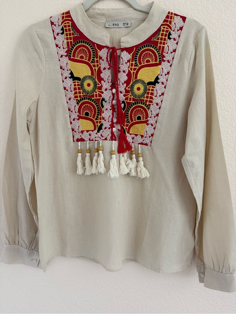 Cream Embroidered Tassel Peasant Top with Red & Yellow Panel